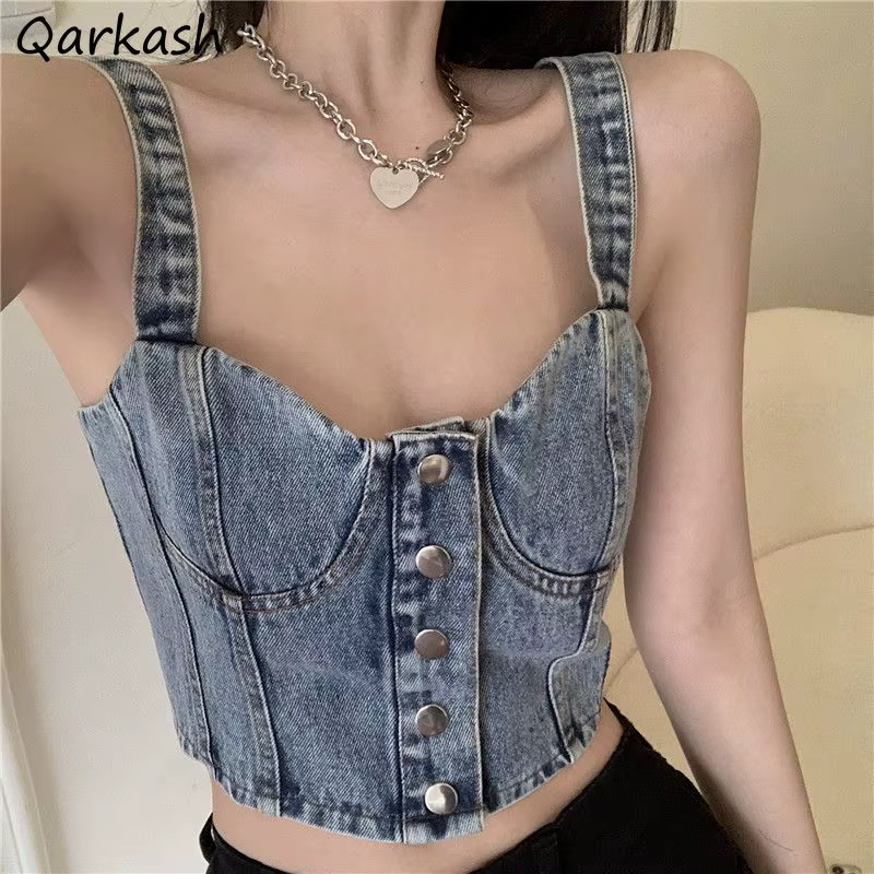 Camis Women Denim Vintage Button Crop Top Korean Style Bodycon Fashion Sexy Summer Streetwear Leisure Ladies Simple Camisole New