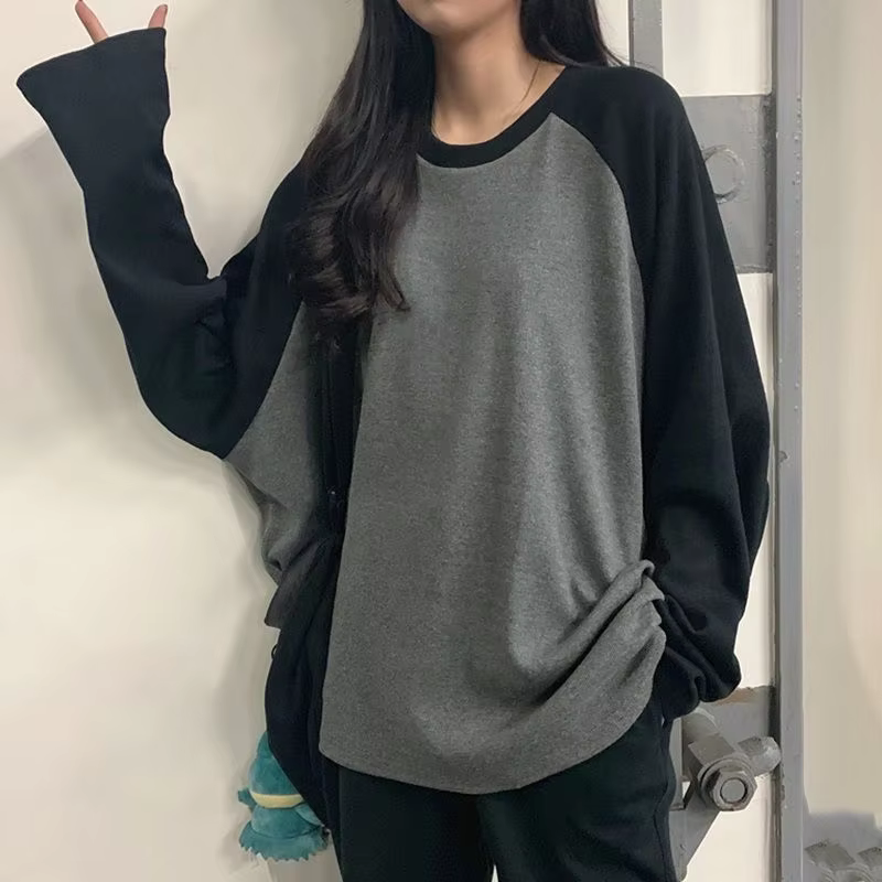New 2024 Female T-shirt Grey O Neck Contrast Color Long Sleeve T Shirt Loose Autumn Tee Tops for Women Shirts Patchwork