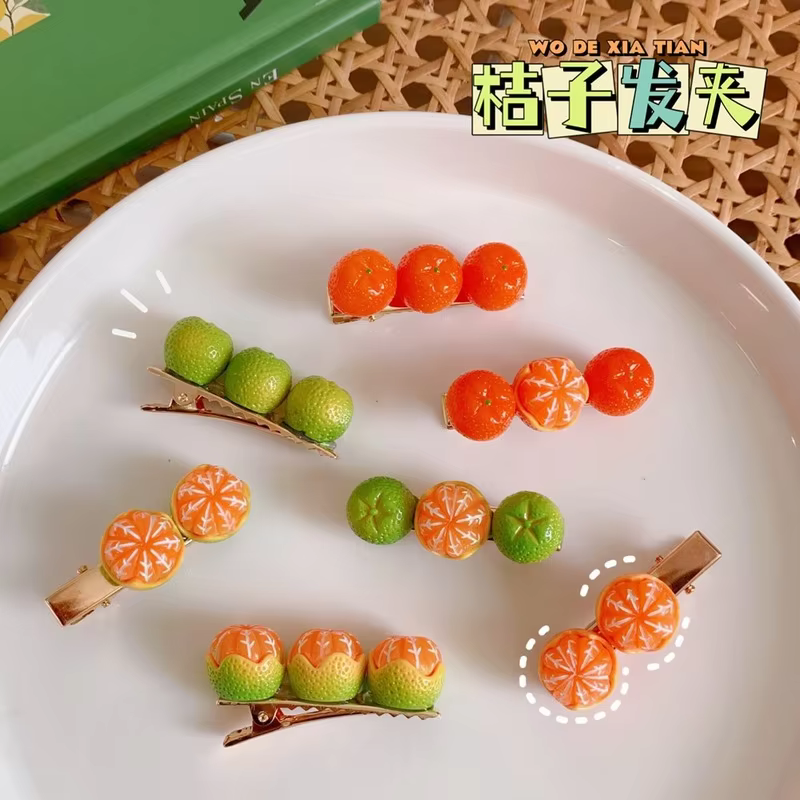 Creative fun half-peeled orange hairpin cute girl side clip Japanese fruit word clip duckbill clip net red hair accessories