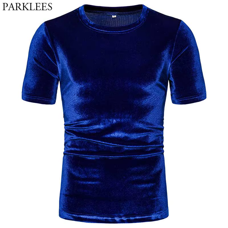 Royal Blue Velvet Velour T Shirt Men 2021 Brand Short Sleeve Slim Fit Mens Tshirts Hip Hop Hipster Streetwear Nightclub Camiseta