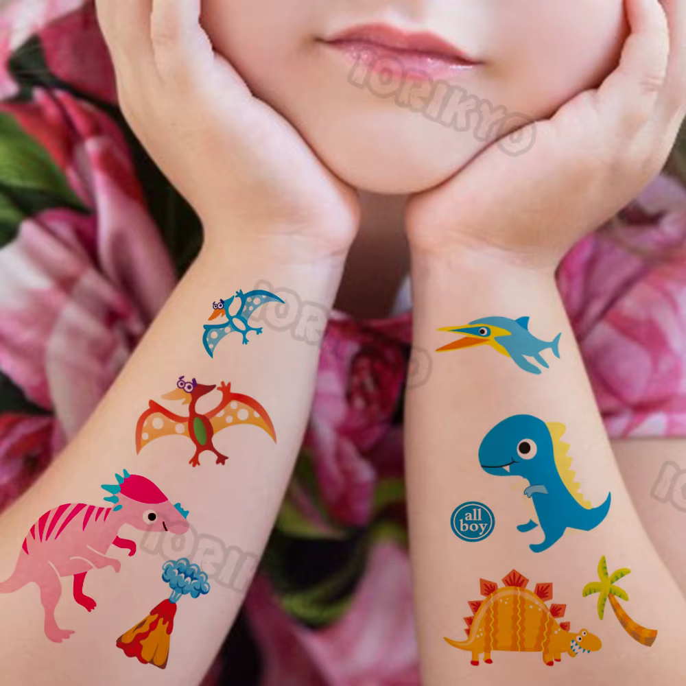 Small Dinosaur Temporary Tattoo For Kids Baby Girl Boy Watercolor Mountain Tattoos Sticker Fake Tree Fun Face Tatoo Cartoon