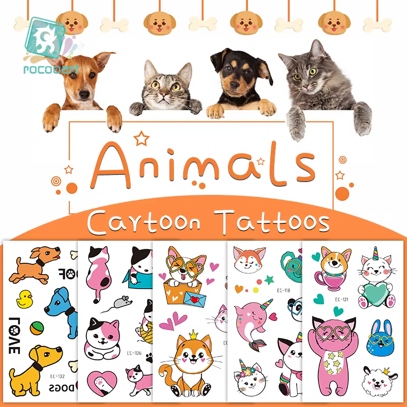 Cartoon Animal Waterproof Temporary Tattoo Cute Pet Cats and Dogs Tattoo Stickers Children Boy Girl Fake Body Art Flash Tatoo