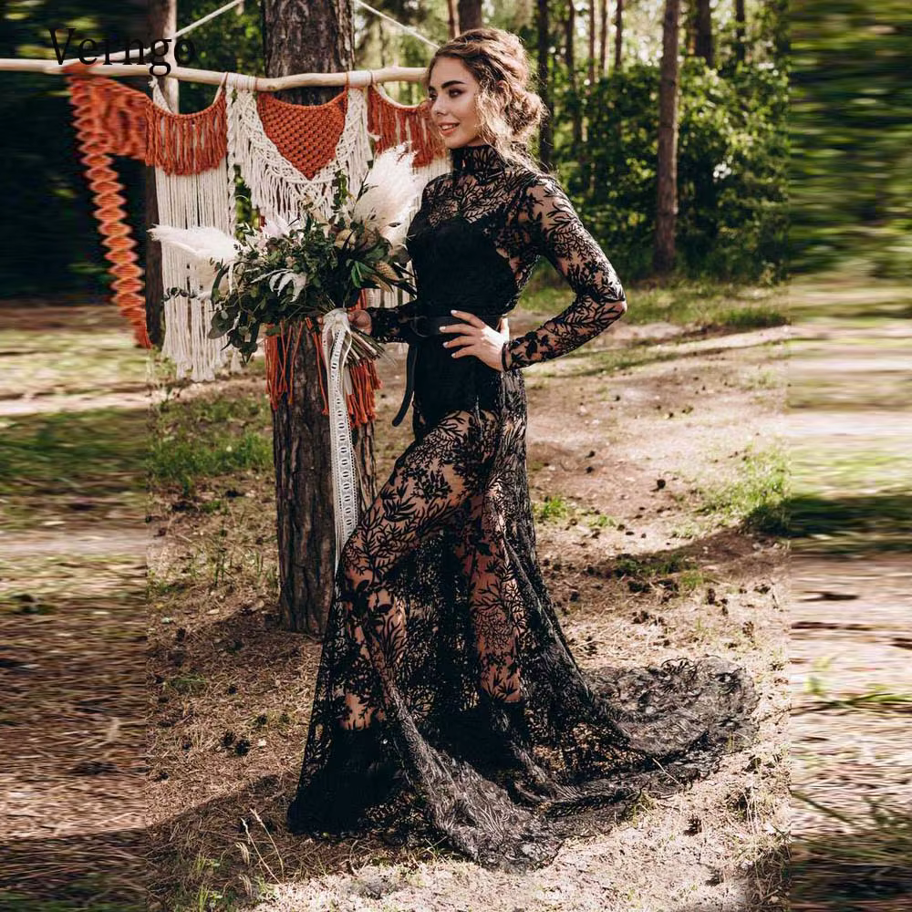 Verngo Sexy Transparent Lace Gothic Black Wedding Dress Boho Long Sleeves Bride Dress Engagement Forest Fitted 2021 Bridal Gowns