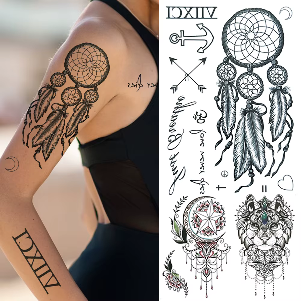 Dream Catcher Temporary Tattoos For Women Realistic Fake Wolf Owl Tattoo Sticker Black Jewelry Chains Dreamcatcher Tatoos Girls