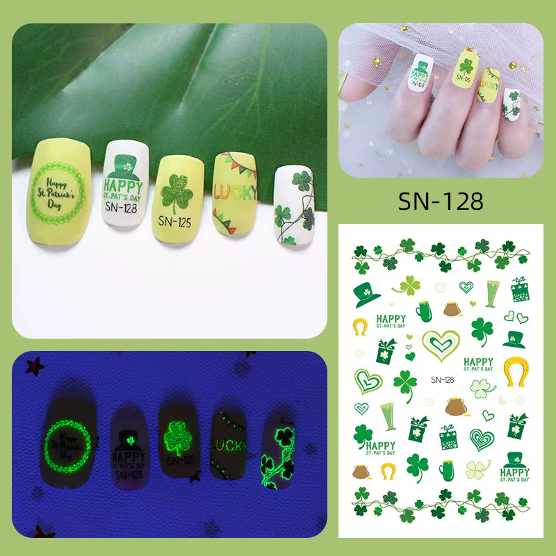 1Pc Spring Four Leaf Clover Nail Decal And Sticker Flower Leaf Tree Green Saint Patrick Days DIY Slider For Manicuring Nail Tool