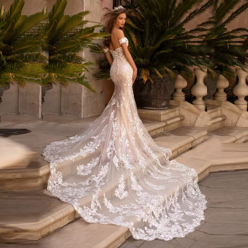 Modern Mermaid White Wedding Gowns Lace 2024 Bridal Gowns Open Back Sweetheart Bridal Dresses Off Shoulder Sleeve Court Train