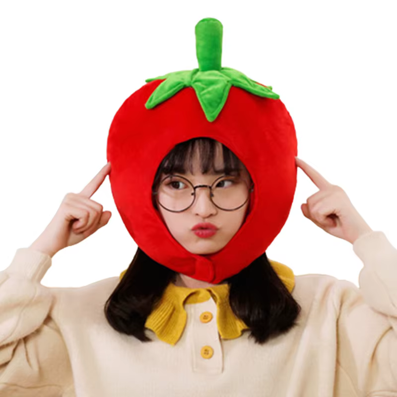 Lovely Tomato Shape Plush Hat Funny Fruit Stuffed Toys Headgear Warm Earflap Cap Performance Cosplay Party Photo Props