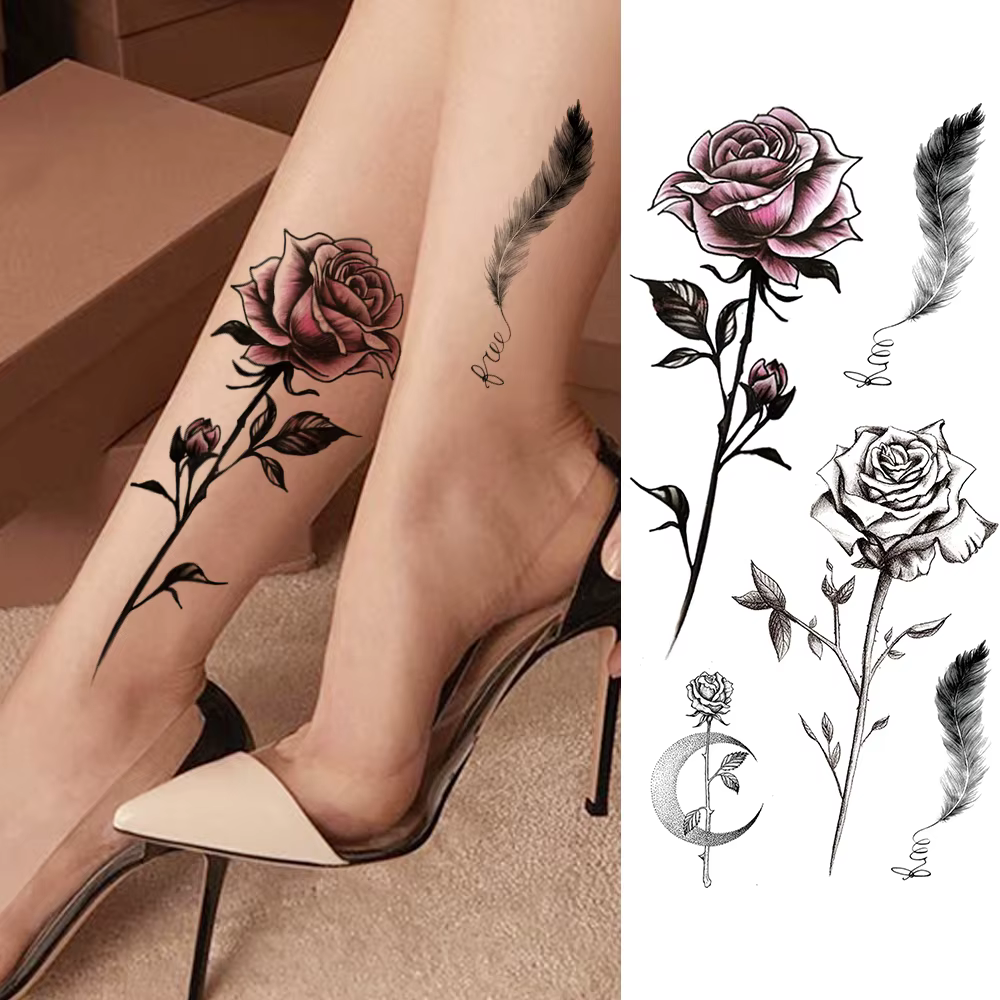 Women's Fashion Flower Temporary Tattoos Sticker Fake Rose Feather TatooS Decal Waterproof Body Art Legs Arm Tatoos For Women