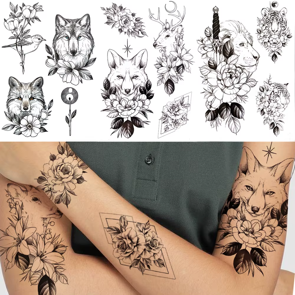 Wolf Lion Deer Tiger Temporary Tattoos For Women Black Flower Sword Geometry Tattoo Sticker Realistic Fake Animal Tatoo Men Kids
