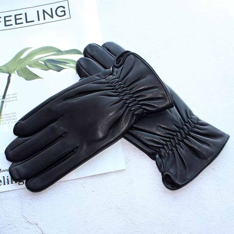 Winter Warm Sheepskin Leather Gloves Men's Plus Velvet Thickening Outdoor Windproof Motorcycle Riding Black Finger Gloves