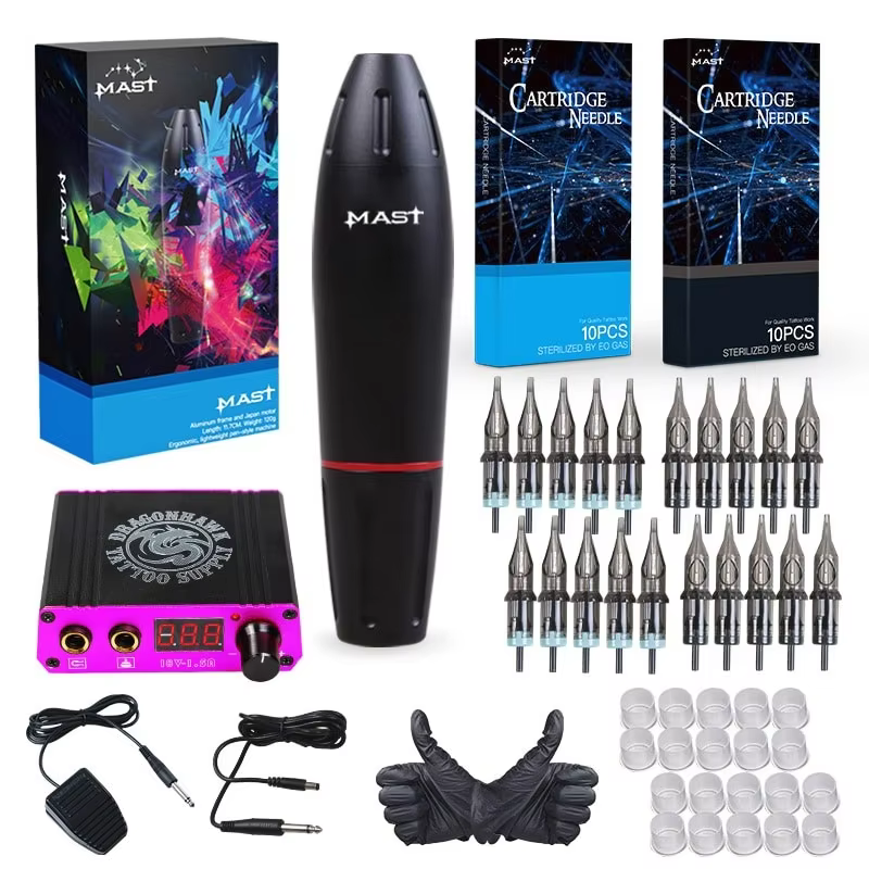 Mast Tattoo Kit Cartridge Needles Power Rotary Pen Guns Machine With Inks Foot Pedal Permanent Makeup Tattoo Set Supplies