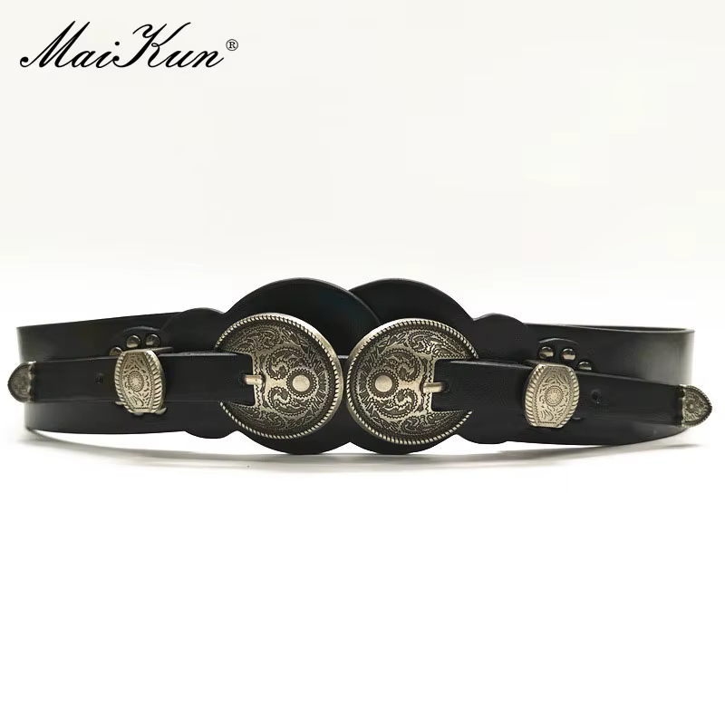 Maikun Women's Double Buckle PU Belt Vintage Carved Decorative All-Match Female Belt
