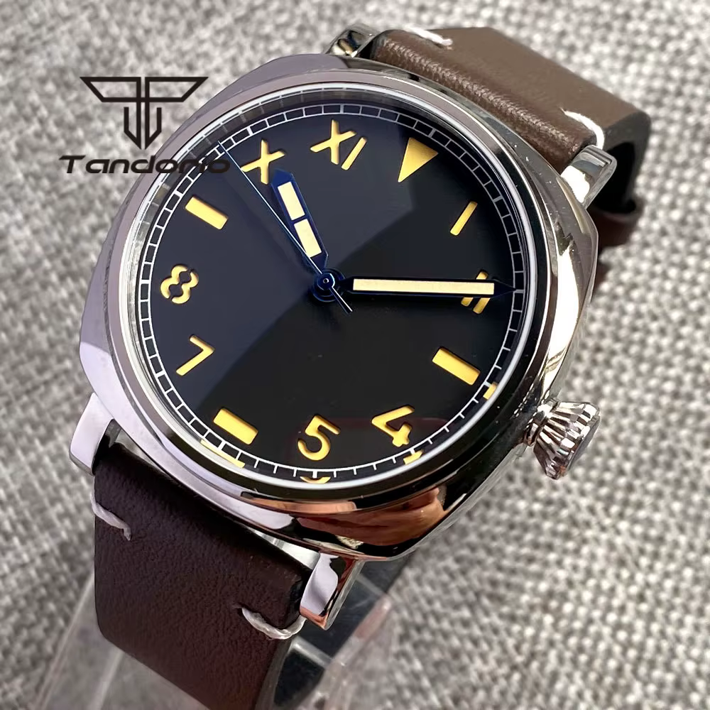 Tandorio 42mm NH35A 20bar Square Polished Automatic Men's Watch Sapphire Crystal Black California Dial Screw Crown Leather Strap