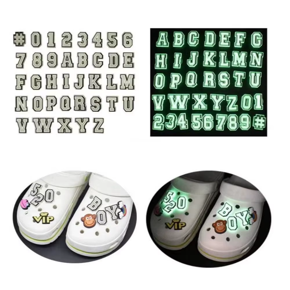 Hot 1pcs English Letter and Number PVC Shoe Charms DIY Luminous Shoe Accessories Fit Clogs buckle Decorations kids X-mas Gifts