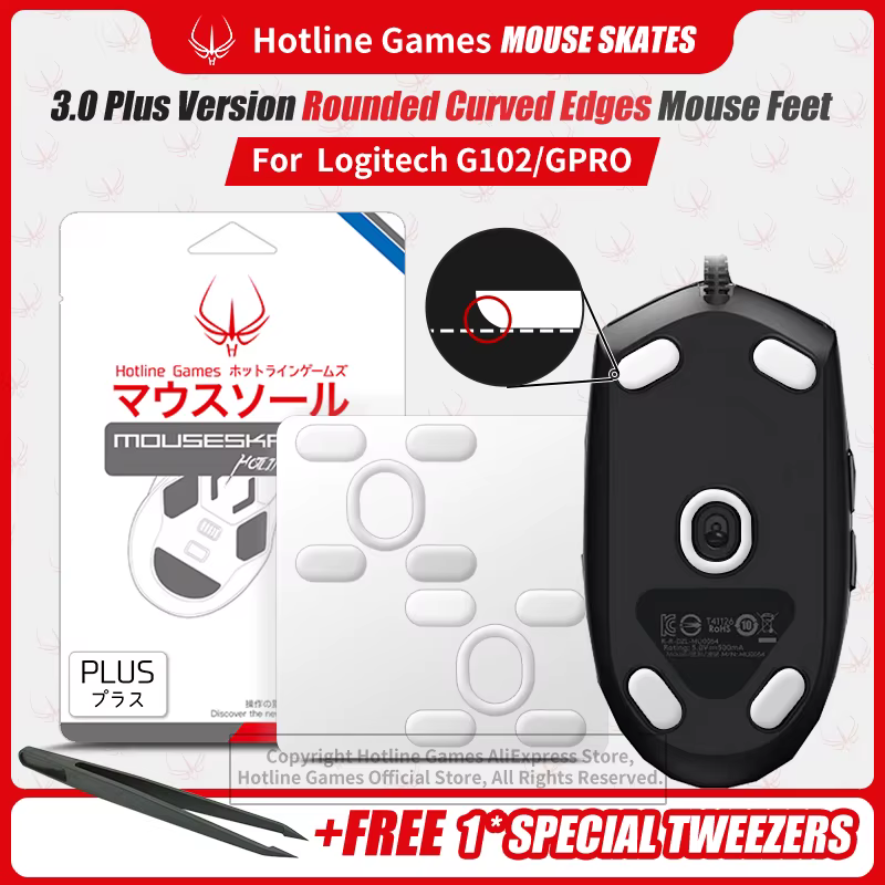 2 Sets Hotline Games 3.0 Plus Rounded Curved Edges Mouse Skates for Logitech G Pro G102 G203 Gaming Mouse Feet Pad Replacement