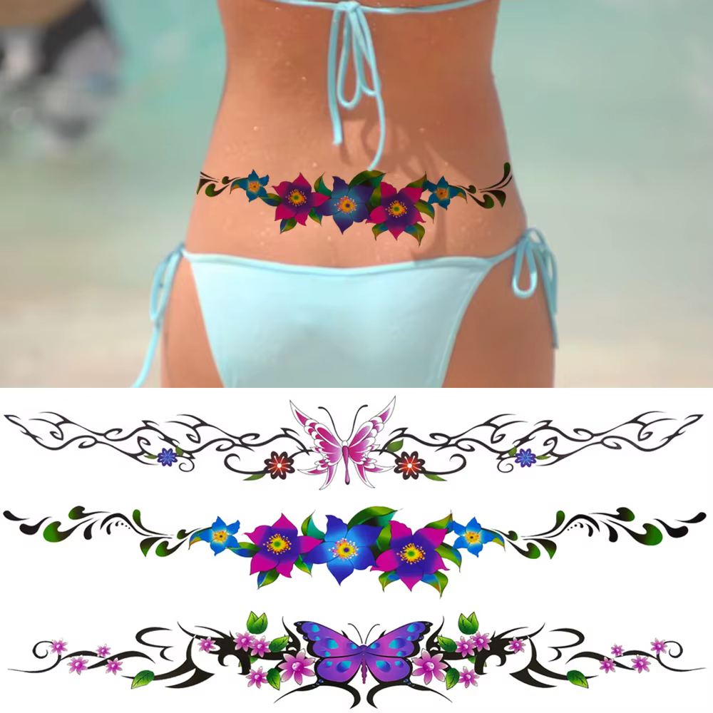 Long Vines Flower Temporary Tattoos For Women Girls Realistic Fake Butterfly Tatoo Sticker Watercolour Sexy Blossom Fake Tattoo