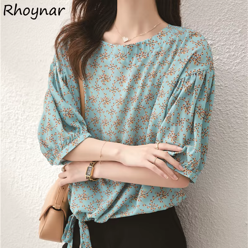 Blouse Summer Elegant Print Lantern Sleeve Tender Fashion Feminine Korean Style Cozy Daily Casual All-match Vacation Tops Soft