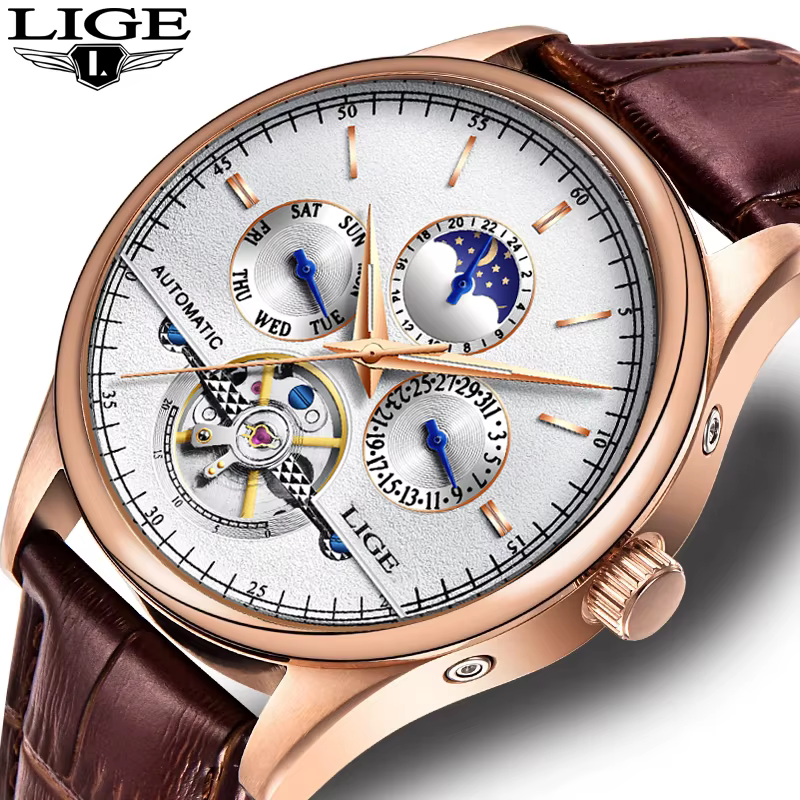 LIGE Mechanical Watch Men Tourbillon Automatic Watch Luxury Vintage Mechanical Watches Leather Classic Fashion Men's Wristwatch