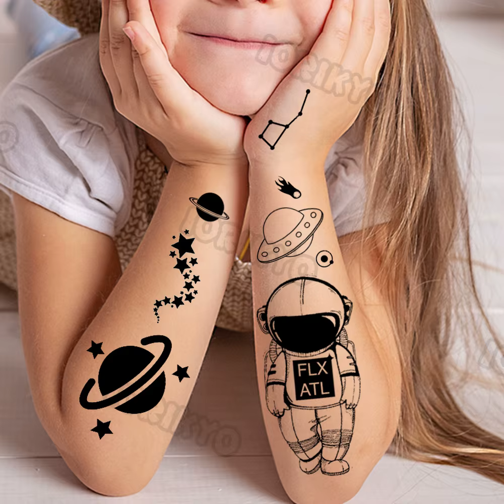 Outer Space Astronaut Temporary Tattoos For Children Boy Adult Girl Black Fake Face Tattoo Sticker Star Galaxy DIY Tatoo Planets
