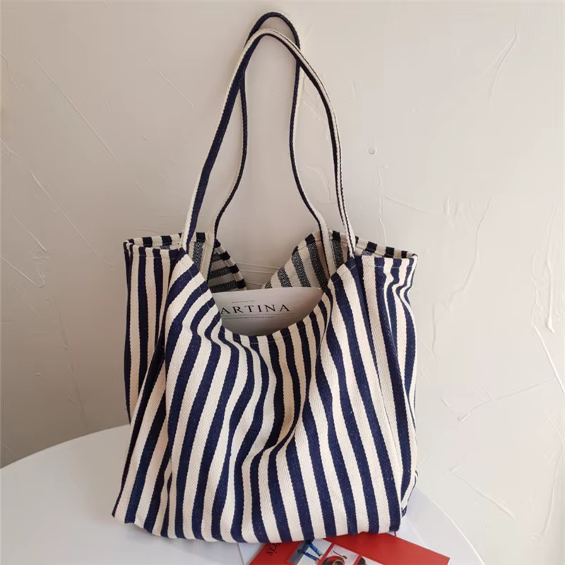 Large Capacity Canvas Women Shopper Tote Simple Striped Shoulder Bag Female Casual Multifunctional Travel Top-handle Handbag