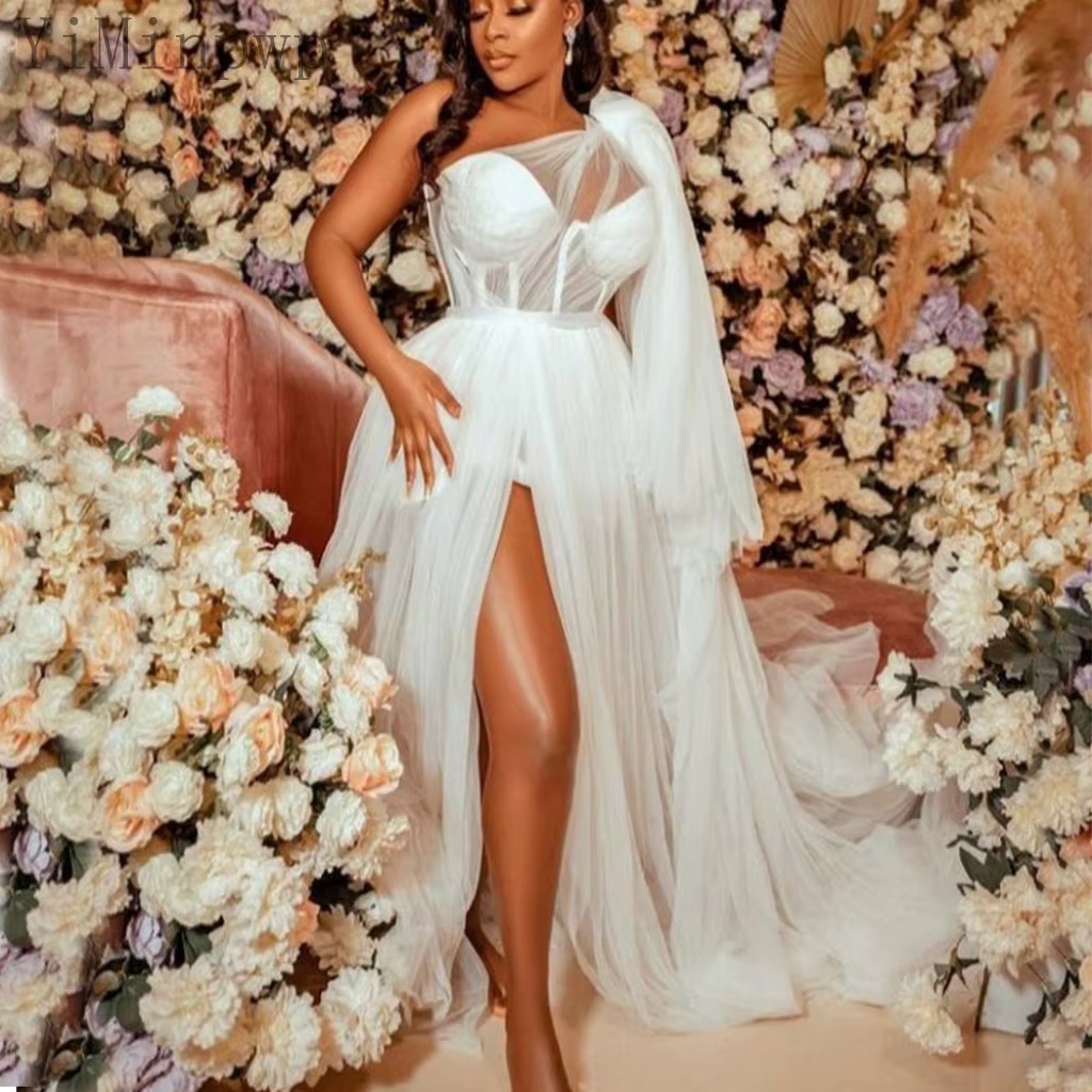 YiMinpwp Plain Wedding Robes for Bride Tulle Bridal Shower Dress One Shoulder Thigh-High Slits A Line Floor Length Customized