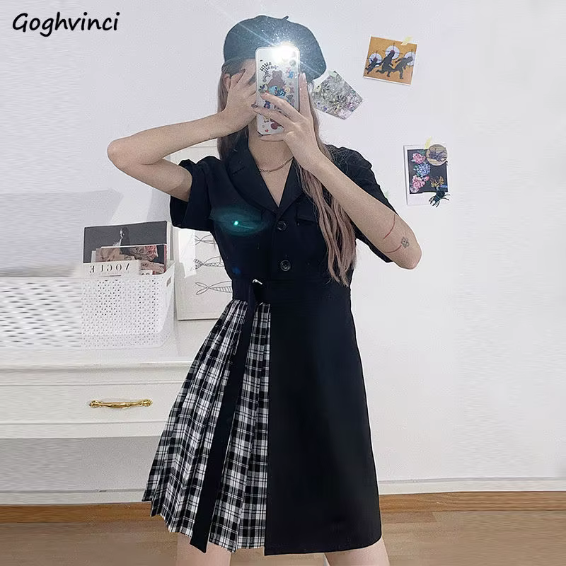Short Sleeve Dress Women Asymmetrical Lace Up Patchwork Pleated Notched Plaid Womens Korean Style Sexy Trendy Elegant Casual New