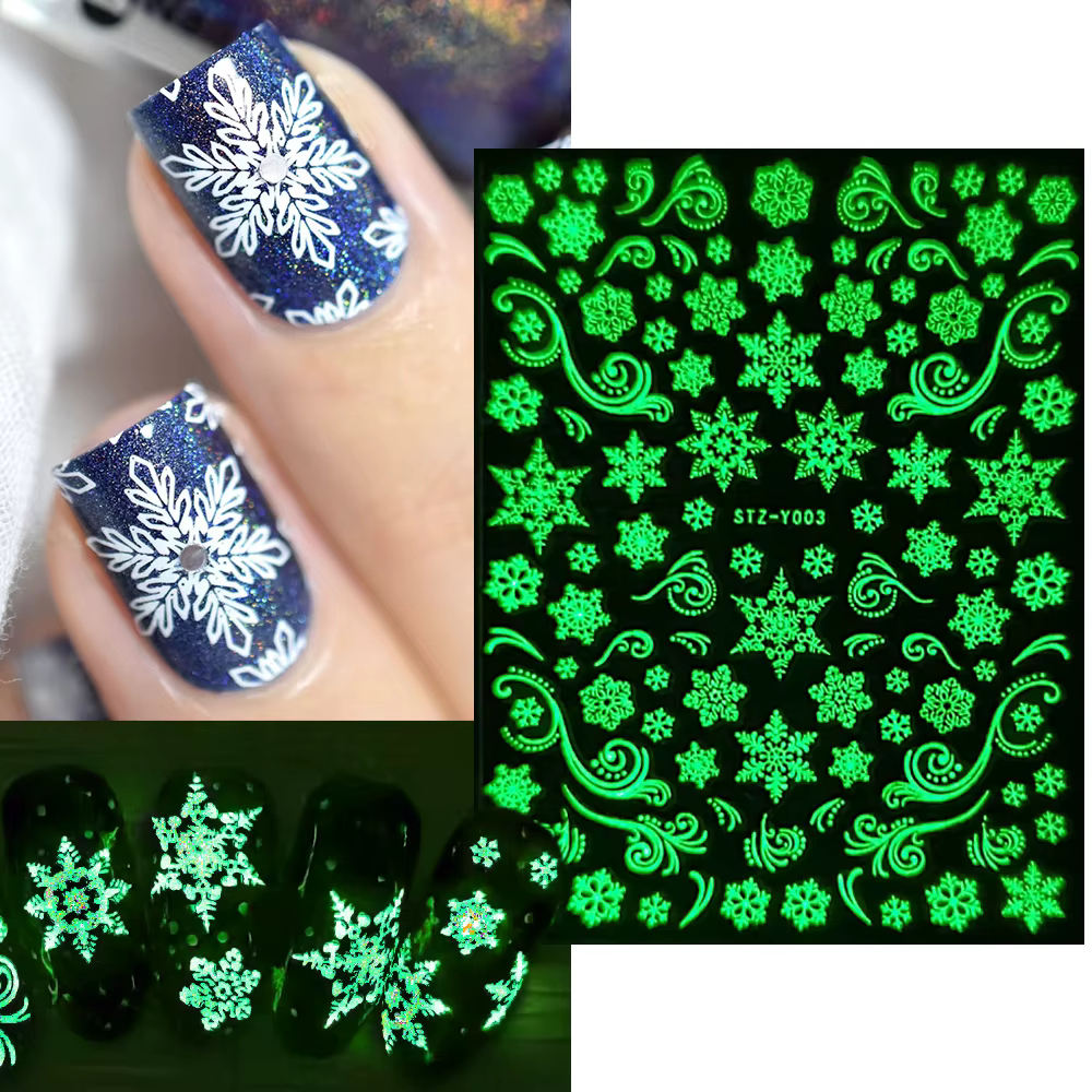 3D Luminous Nail Stickers Snowflakes Winter Glow In The Dark Sliders Deer Christmas Nail Design Adhesive Decals GLSTZY001-018-1