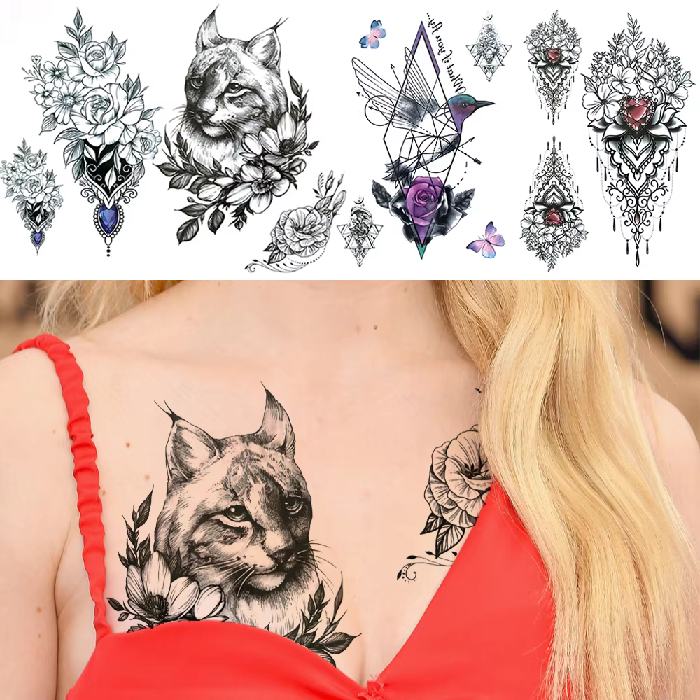 Black Cat Temporary Tattoos For Women Female Realistic Flower Geometric Butterfly Fake Jewelry Tattoo Sticker 3D Fashion Tatoos