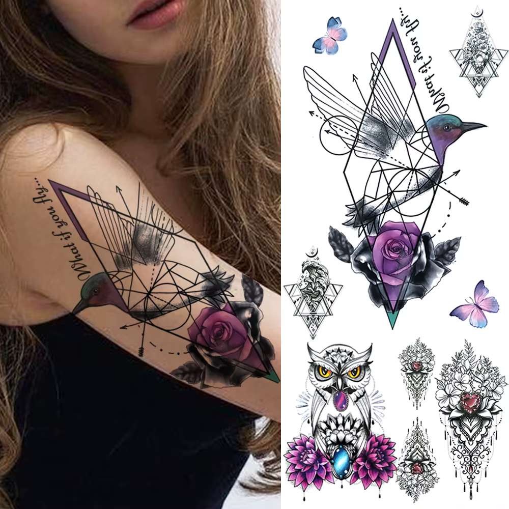 Geometric Hummingbirds Temporary Tattoos For Women Adult Purple Flower Bird Owl Tattoo Sticker Fake Diamond Black Jewelry Tatoo