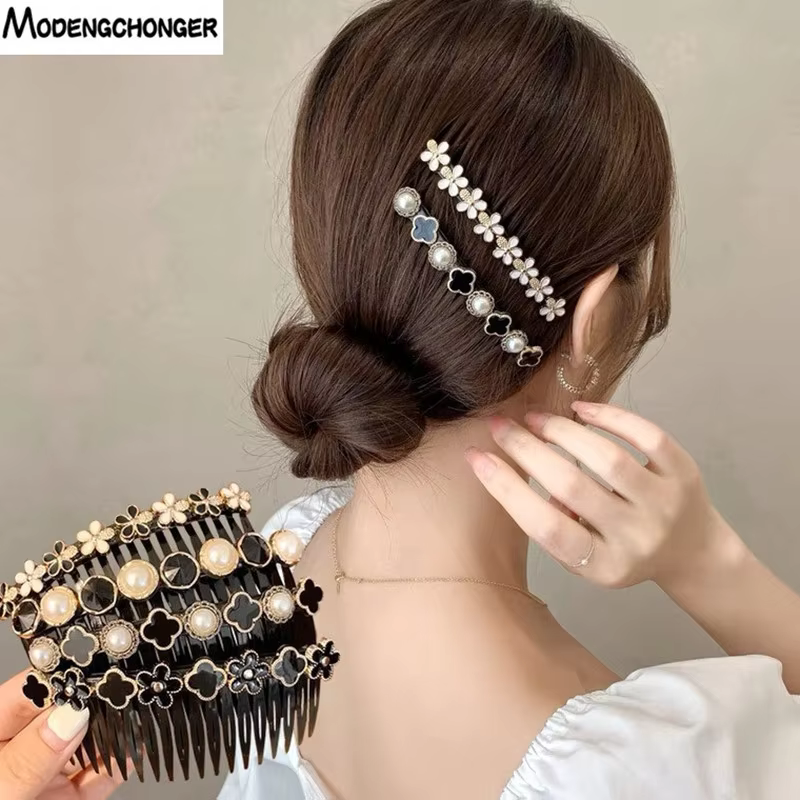1PC Vintage Flower Crystal Hairclips for Women Girls Fashion Hair Maker Bun Hair Combs Plastic Shiny Hairpins  Hair Accessories