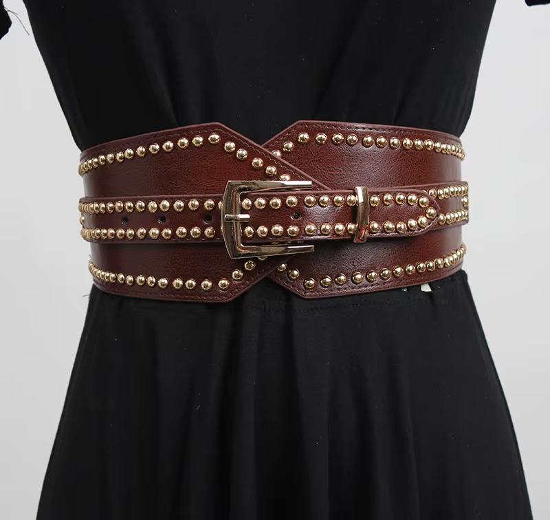 Women's runway fashion pu leather elastic rivet Cummerbunds female Dress Corsets Waistband Belts decoration wide belt R3433