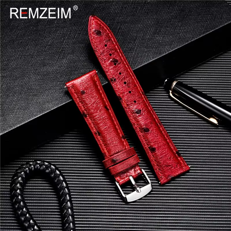 REMZEIM Ostrich Pattern Leather Watchbands Bracelet Black Blue Red Brown Watch Strap For Women Men 18 20 22mm Wrist Band