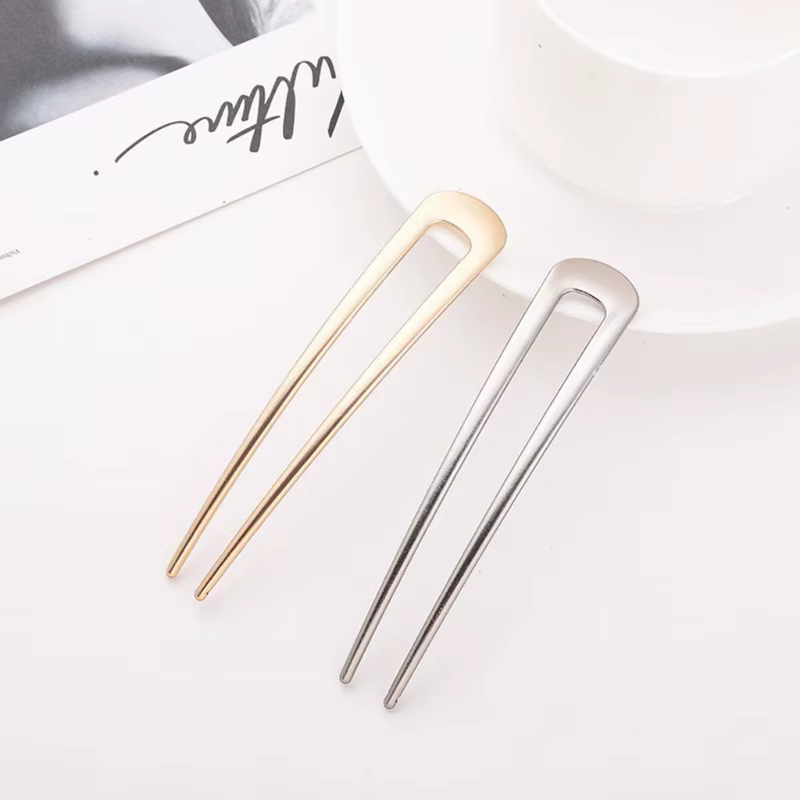 Chinese Style Metal U Shaped Hair Stick Fork Clip Minimalist Vintage Hanfu 2 Prong Updo Chignon Pin Bun Holder Hairpin