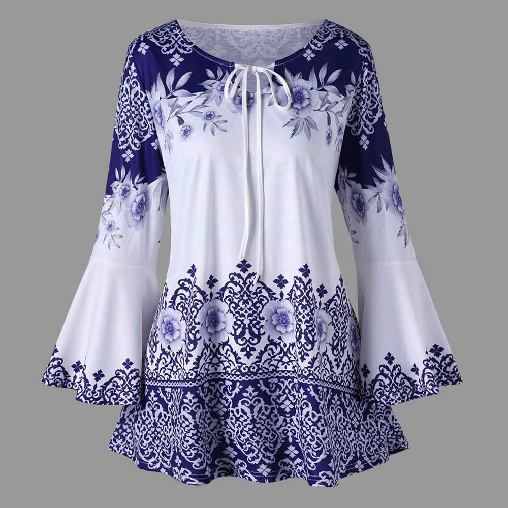 Autumn 5XL Plus Size Blouses Women Bandage Long Sleeve O-Neck Floral Print Loose Casual Lace Fashion Tops Shirts Women Blouse