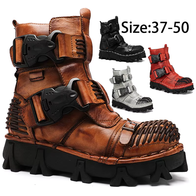 Men's Genuine Leather Motorcycle Boots Skull Gothic Punk Cowboy Boots Combat Ankle Boots Safety Work Shoes Tactical Boots Winter