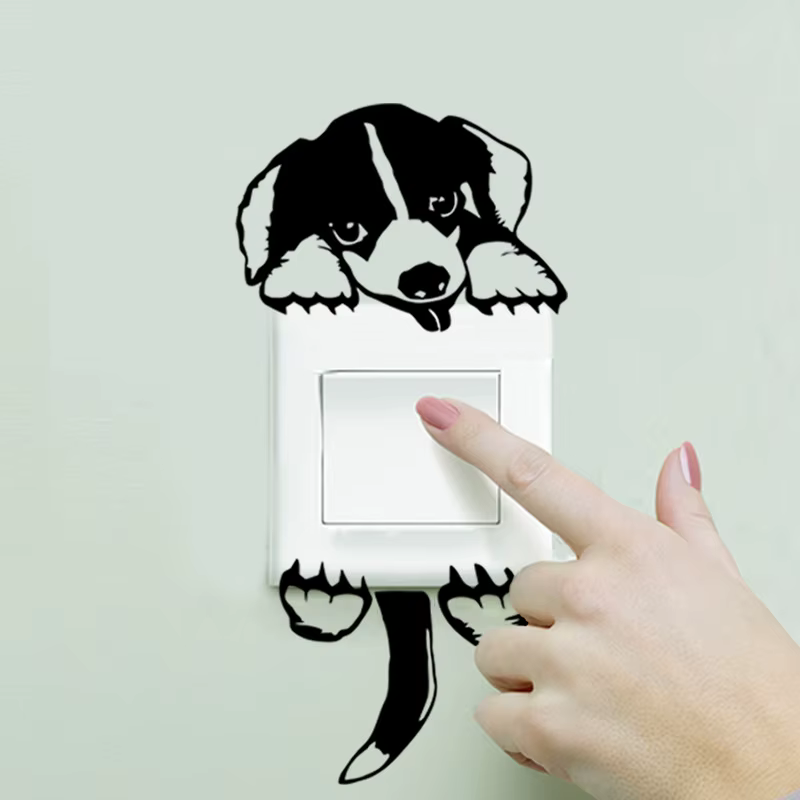 Cartoon Lovely Black Dog Puppy Socket Switch Wall Sticker Living Room Decals Home Decor Removable Cute Animals Mural Decorate