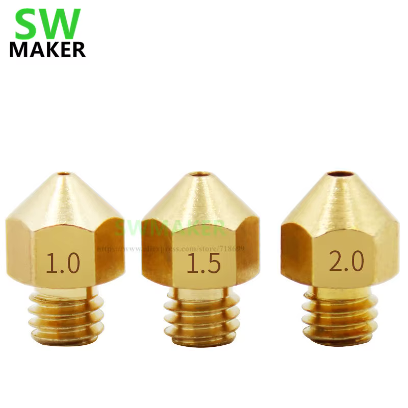 MK8 M6 Large Caliber Copper Nozzle brass nozzle 1.0mm 1.5mm 2.0mm Larger Diameter For 1.75mm 3mm Filament 3D Printer Accessories