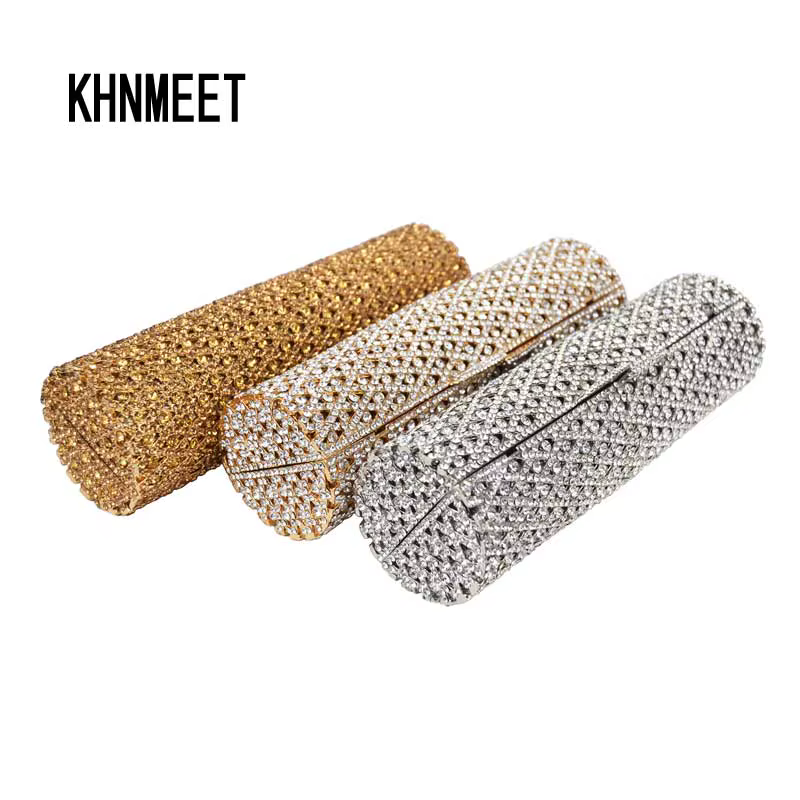 Golden Cylindrical Crystal Purse Luxury Clutch Bags Prom purse Silver sparkly diamante banquet bag Bride Wedding Party bag SC484