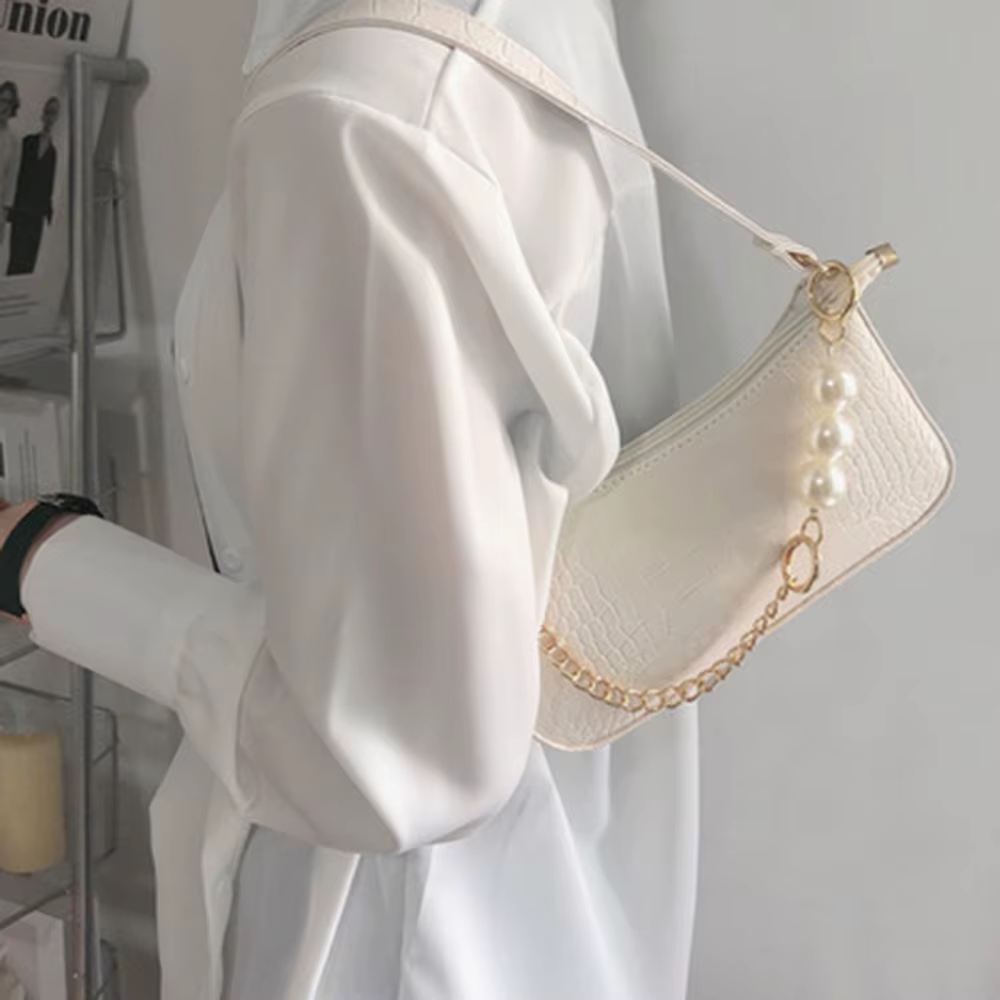 New Crocodile Pattern Shoulder Bags for Women Pearl Chain Handbags Fashion Exquisite Shopping Tote Bag with Two Shoulder Straps