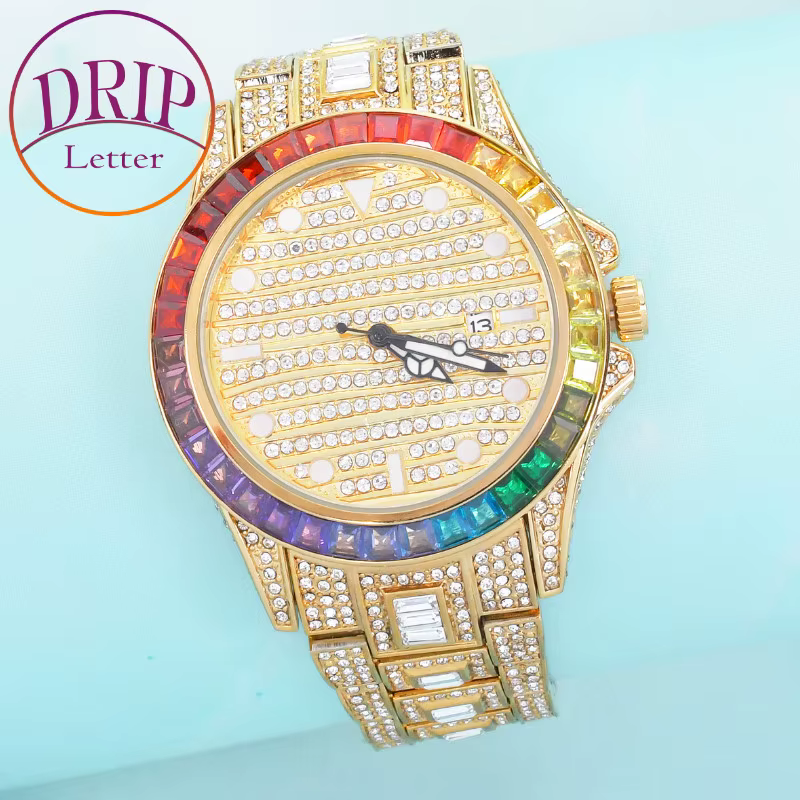 Drip Letter Big Gold Color Watch for Men Colorful Baguette Zircon Luxury Rhinestone Business Clock Waterproof Hip Hop Jewelry