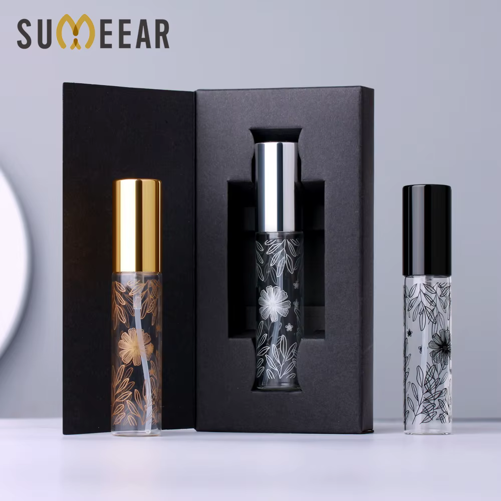50 PCS/lot 10ml Portable flower pattern Glass Perfume Bottle With packing box Atomizer Empty Cosmetic Mini refillable bottles