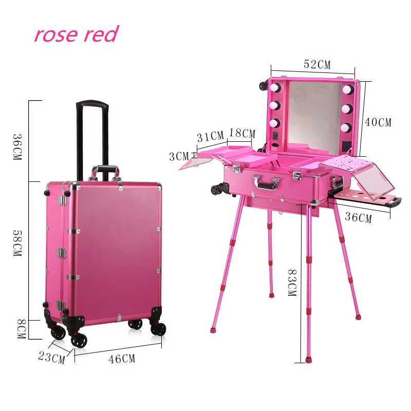 Pink Makeup Artist Suitcase Aluminium Luxury Travel Beauty Manicure Suitcases Mirror Lamp Cosmetic Trolley Tool Box Customized