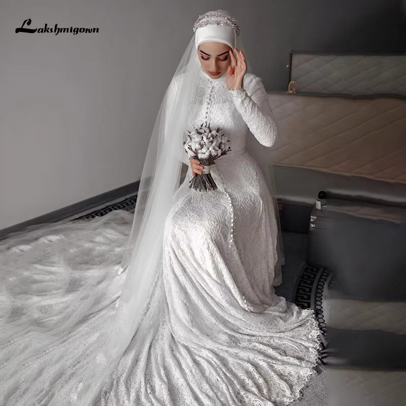 Lakshmigown Lace Robe De Mariage Long Sleeve A Line Muslim Wedding Dress With Hijab Bridal Dress Customized Vestidoe De Noiva