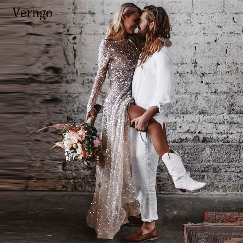 Verngo 2021 Sparkly Light Champagne Wedding Dress Long Sleeves Glitter Scoop Neck Vestido de noiva Bling A Line Bridal Gowns