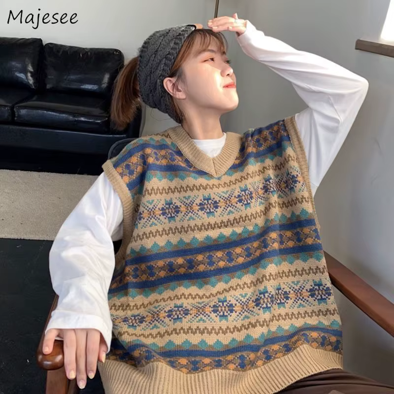 Sweater Vest Women Harajuku Vintage Loose Boyfriends Trendy New Korean Style Retro V-neck Female Streetwear Fashion Couple Chic