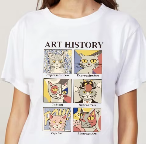 kuakuayu HJN Art History Cat Funny Printed T Shirt Women Short Sleeve Cotton Fashion O-Neck Printing Tops