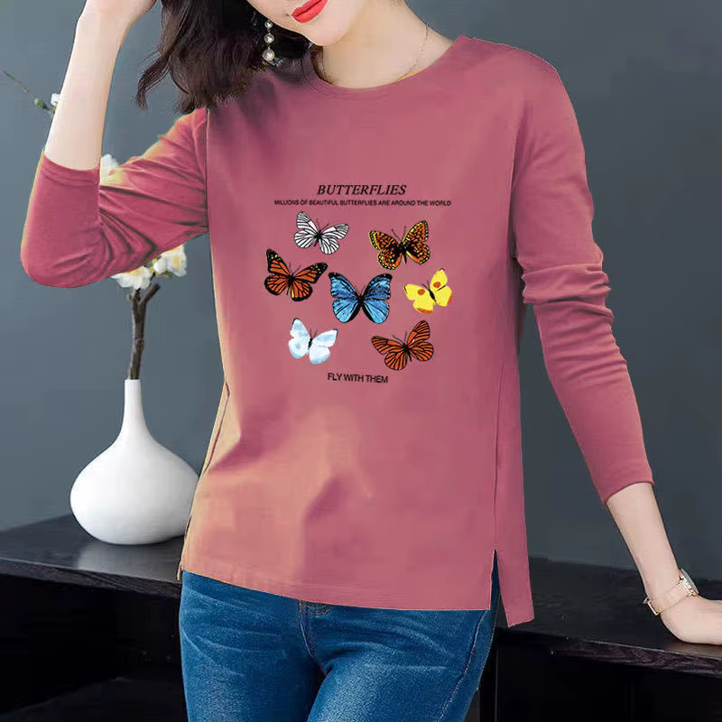 Butterfly Top Women Cotton Long  Sleeve Graphic T Shirts Plus Size Women Clothing Female Basic Tee Shirts Tunics