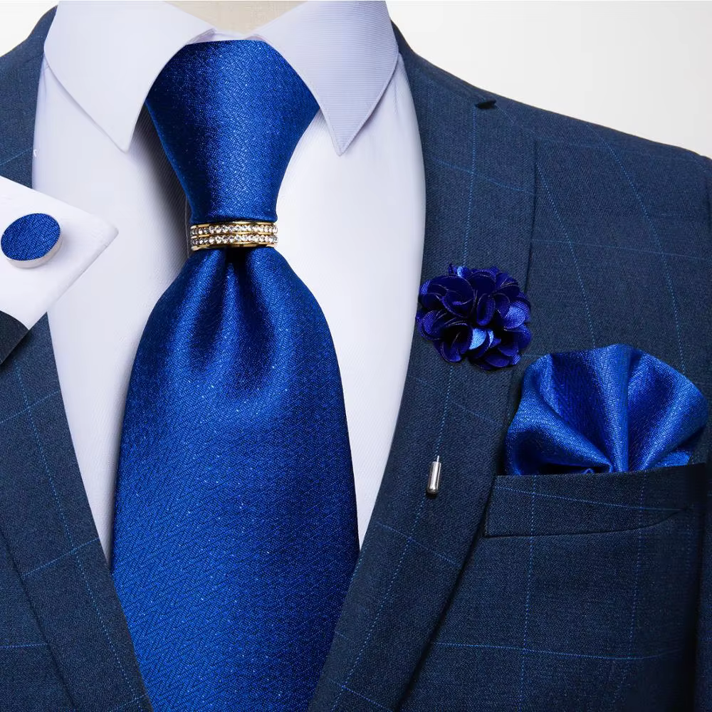 Royal Blue Solid Men's Silk Ties Brooch Handkerchief Set Formal Business Wedding Necktie Men Neckwear Accessories DiBanGu