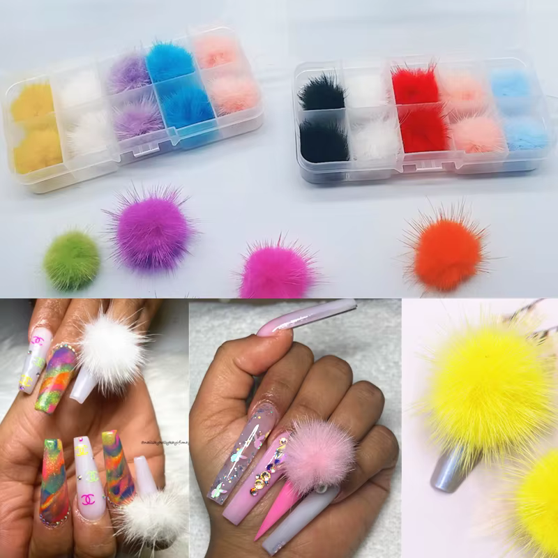 10 Pcs / Box Nail Art Accessories Nail Pom Fluffy Plush Ball Soft Detachable Magnetic Pom Poms 3D Nail Art DIY Nails Charm