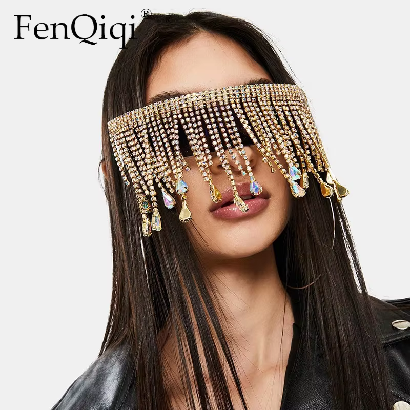 Oversized Tassel Crystal Goggles Sunglasses Women Luxury Desinger Diamond Show Sun Glasses Steampunk  Bling Glasses Shade